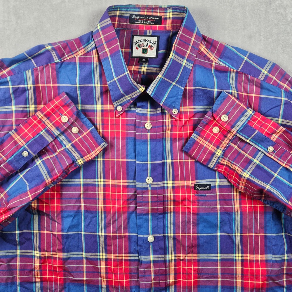 Vintage Faconnable Button Down Shirt Mens XL Blue Red Plaid Pocket 90s